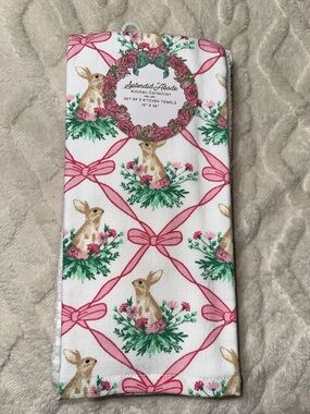 SA Easter Bunny Floral Trellis White Pink Cotton Tea Kitchen Towels Set of 3